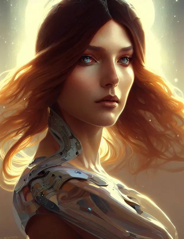 Image similar to futuristic woman portrait, sci-fi, amber eyes, face, long hair, fantasy, intricate, elegant, highly detailed, digital painting, artstation, concept art, smooth, sharp focus, illustration, art by artgerm and greg rutkowski and alphonse mucha