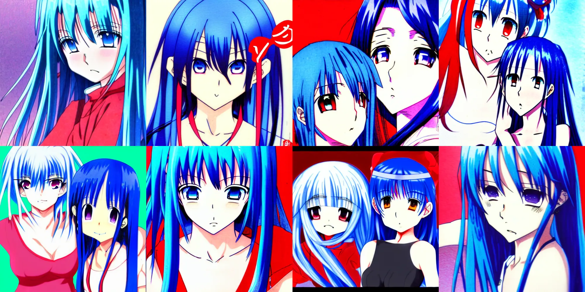 Prompt: anime artist shikishi, blue hair and red eyes two young female