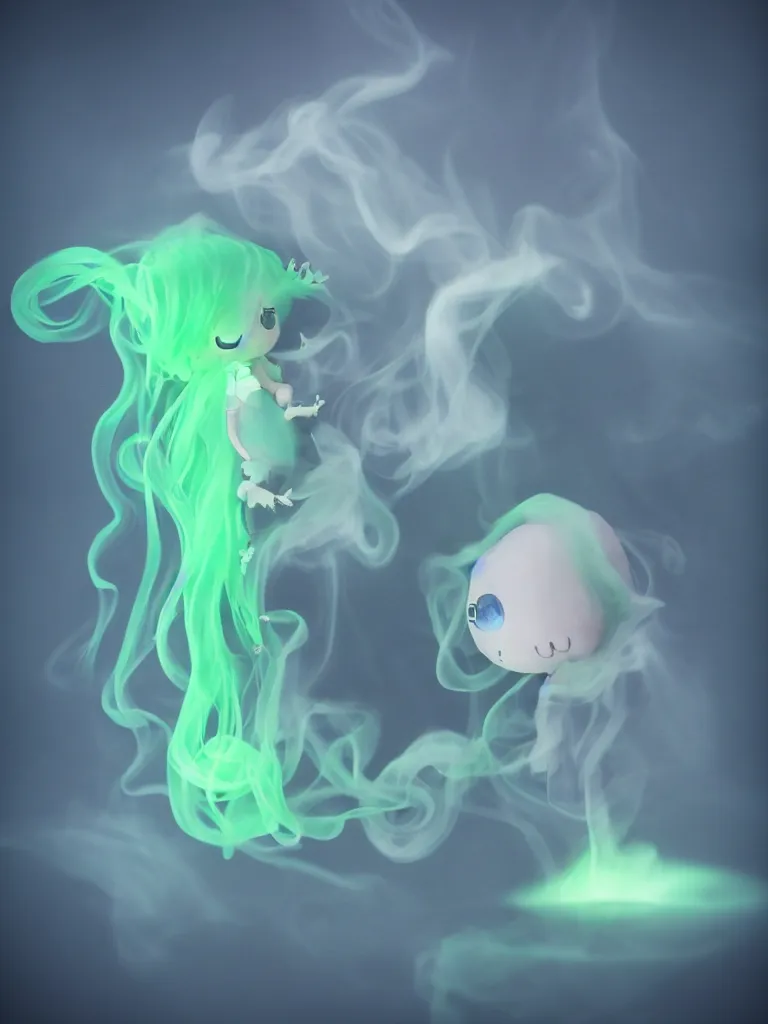 Prompt: cute fumo plush smiling ectoplasmic gothic macabre green jellyfish ghost girl, glowing milky wisps of hazy smoke and volumetric fog, lens flare, subsurface scattering, vignette, asymmetry, bokeh, refraction, vray