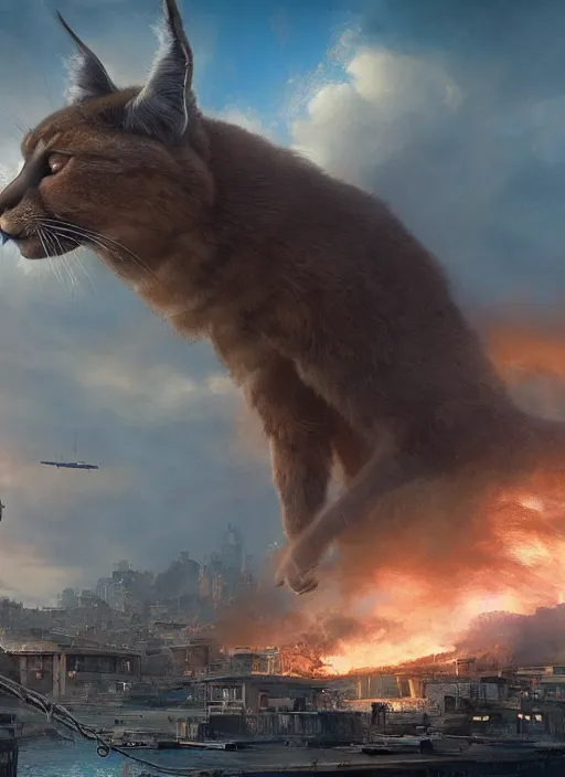 Image similar to hyper realistic giant fluffy caracal attacking city harbor explosions, atmospheric beautiful details, strong composition painted by kim jung giu weta studio rutkowski, james gurney and greg rutkowski, and lucasfilm