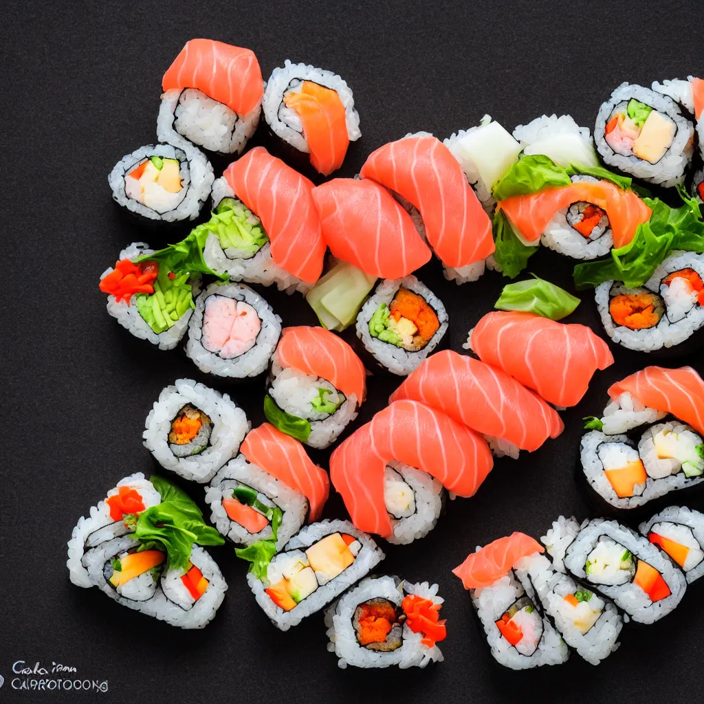 Prompt: sushi, award winning food photography, 2 0 0 mm carl zeiss lens, bokeh