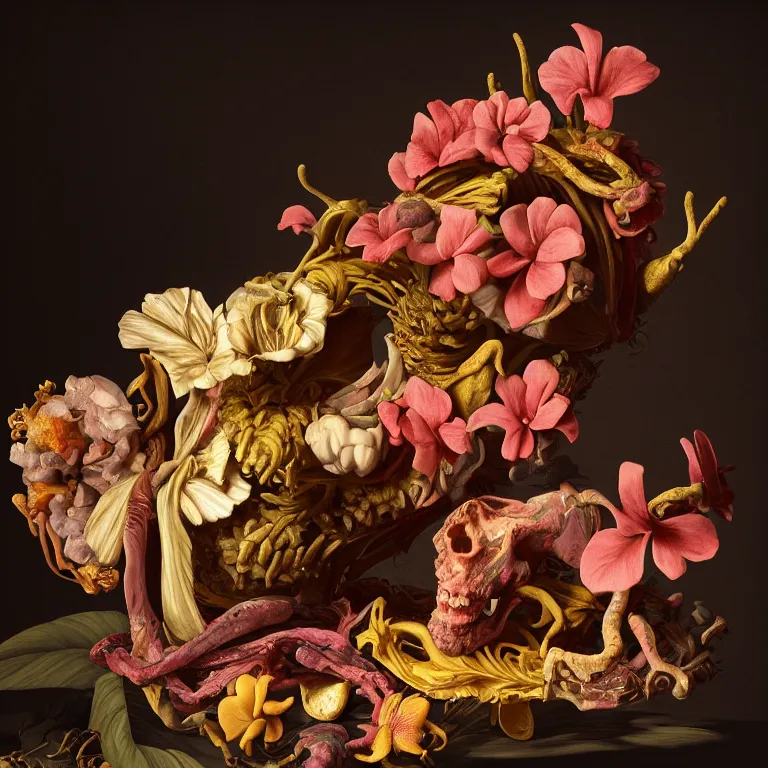 Image similar to still life of rotten flesh, beautiful tropical flowers, human spine, colorful mold, baroque painting, beautiful detailed intricate insanely detailed octane render, 8K artistic photography, photorealistic, chiaroscuro, Raphael, Caravaggio