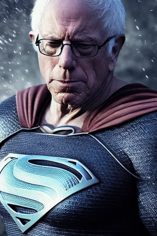 Image similar to realistic detailed photo of Bernie Sanders as man of steel, superman blue eyes, woven armour intricate complexity, Behance, golden ratio, fibanci background, vray, rich deep colors