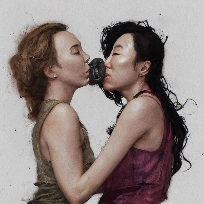 Image similar to jodie comer and sandra oh kiss by greg rutkowski