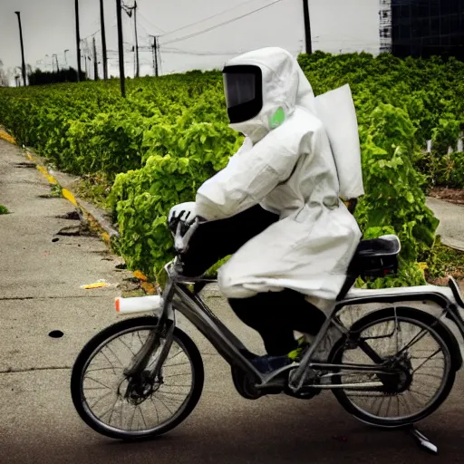 Prompt: a photo of a female wearing a hazmat suit, riding a bike, side-view, smoke in the background, filthy streets, broken cars. Vines growing. Jpeg artifacts. Full-color photo. Color color color color color. Award-winning photo. OM system 12–40mm PRO II 40mm, 1/100 sec, f/2 8, ISO 800