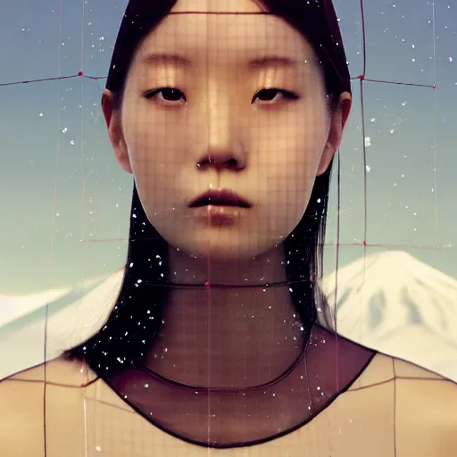 Image similar to a instax photo of fuji mountain, a tall japanese girl in a transparent sheer fabric dress against the background of fuji mountain, severe snow, full body shot, perfect symmetrical body, perfect symmetrical face, coherent symmetrical eyes, by peter kemp, by monia merlo, hyperrealistic, hyperdetailed, octane render, 8 k