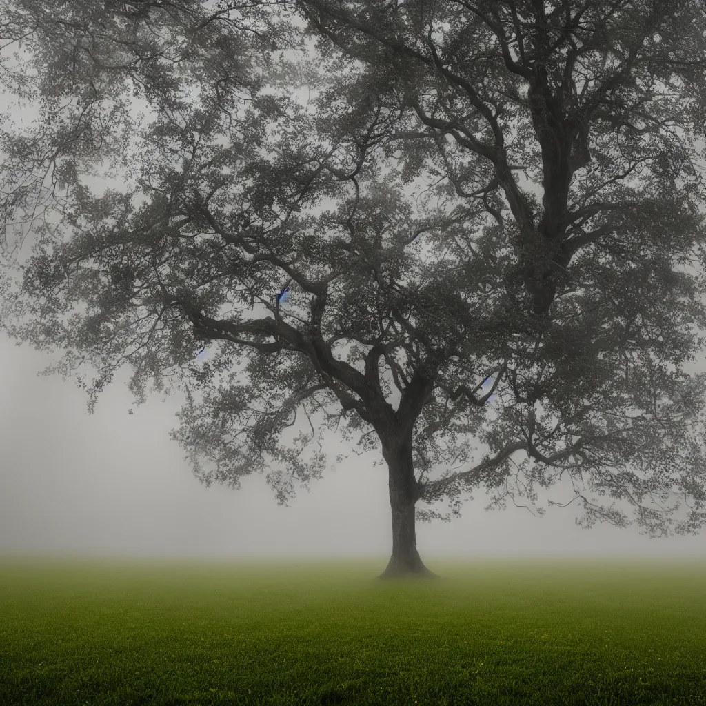 Image similar to A tree growing on a meadow partially covered with morning fog, with leaves divided in four seasons of the year, with tree hollow, with rope ladder, cinematic lighting, photo realistic image, 4K, super detailed, cinematic look