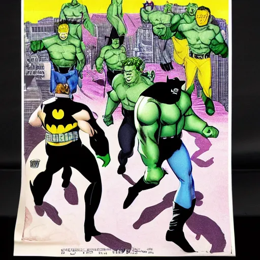 Image similar to glossy old advertising poster, batman and hulk walking through crowded gotham street, drawn comic by junji ito, pastels, gradient