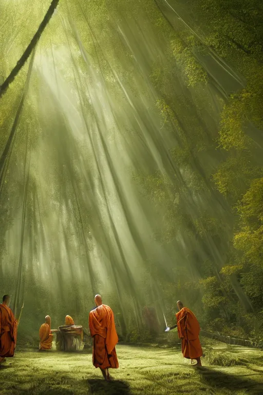 Image similar to mendicant monks of the fuke school of zen buddhism wearing a straw basket on his head in a mysterious japanese bamboo forest with light shafts, atmospheric lighting, by greg rutkowski, ultra realistic, concept art, intricate details, highly detailed, photorealistic, octane render, 8 k, unreal engine