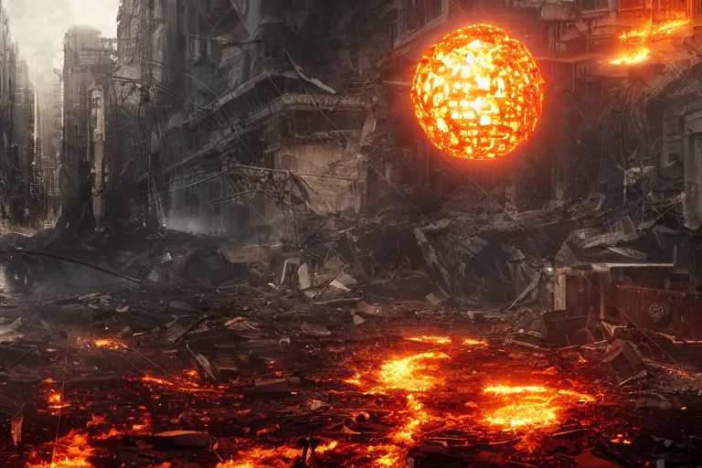 Image similar to Cybernetic Robotic Fire Orb Floating above a destroyed city street, fantasy, photorealistic, metropolis