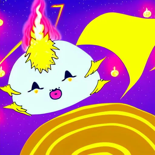 Image similar to kawaii wacky fluffy popcorn with lightning bolt power, with golden helmet, yokai, in the style of a mamashiba, with a yellow beak, with a toroidal energy field, with a smiling face and flames for hair, sitting on a lotus flower, white background, simple, clean composition, symmetrical, suitable for use as a logo