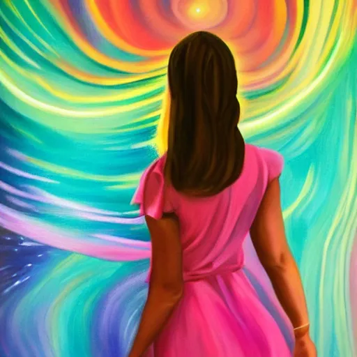 Image similar to a professional painting of a woman wearing a summer dress, the dress looks like the northern lights, 4 k