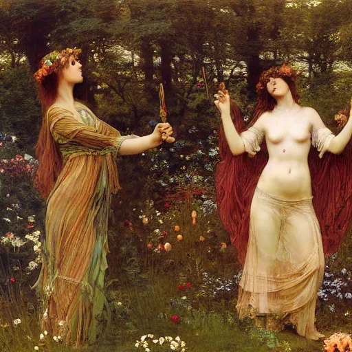 Prompt: preraphaelite hippies dancing in a flower forest, glowing magic occult ceremony ritual summoning guitar, flowing forms, smoke fire, ultra wide angle, beautiful sky, highly detailed, william morris ford madox brown william powell frith frederic leighton john william waterhouse hildebrandt
