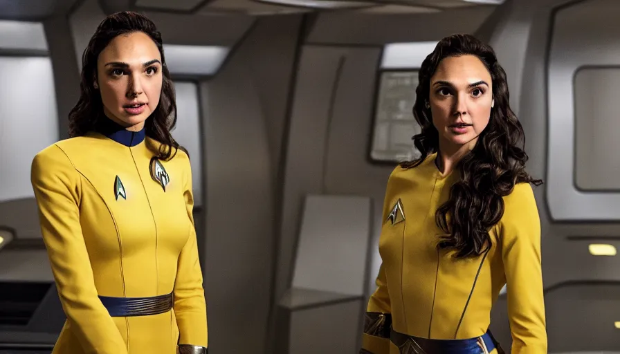 Image similar to Gal Gadot, wearing a yellow uniform, is the captain of the starship Enterprise in the new Star Trek movie