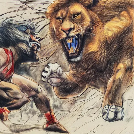 Image similar to hero wrestling against a lion in the middle of an arena, crowd of people, pencil art, added detail, high definiton, colored, aerial viewyoji shinkawa