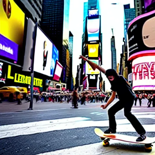 Image similar to a cool lemon riding a skateboard in times square new york