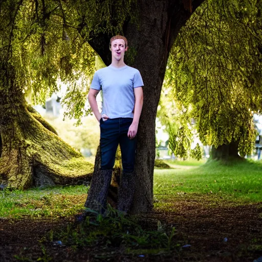 Image similar to high quality photo of mark zuckerberg hiding behind a tree, photography 4k, f1.8 anamorphic, bokeh, 4k, Canon, Nikon