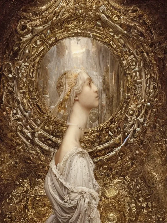 Image similar to a beautiful render of baroque catholic veiled the white queen sculpture with symmetry intricate detailed,by Lawrence Alma-Tadema, peter gric,aaron horkey,Billelis,trending on pinterest,hyperreal,jewelry,gold,intricate,maximalist,golden ratio,cinematic lighting