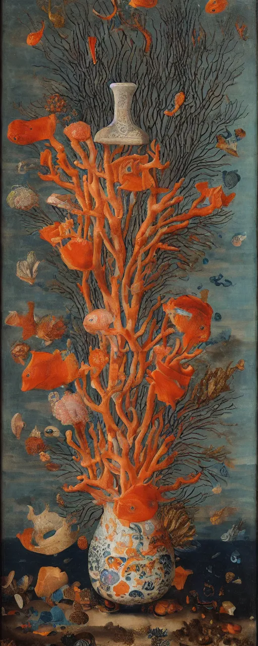 Prompt: bottle vase of coral under the sea decorated with a dense field of stylized scrolls that have opaque outlines enclosing mottled blue washes, with orange shells and purple fishes, Ambrosius Bosschaert the Elder, oil on canvas, hyperrealism, around the edges of there are no objects