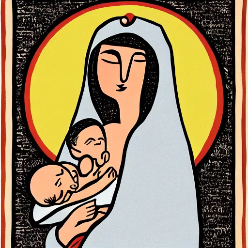 Prompt: midcentury modern illustration of 80 year old sentimental Mediterranean skinned woman in ancient Canaanite clothing holding a newborn baby, crying, awe, love, ancient interior tent background