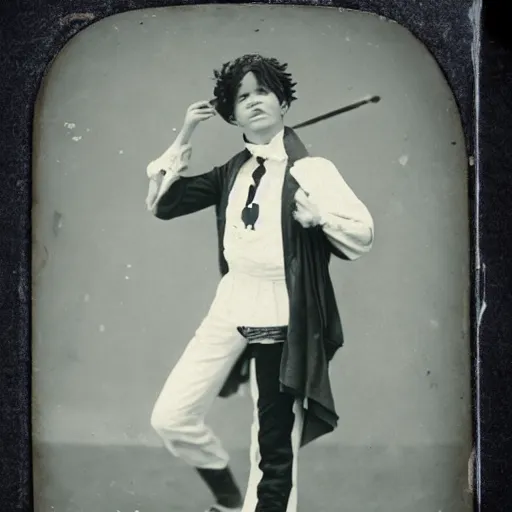 Image similar to a daguerrotype photo of luffy cosplayer, very early film stock, 1 8 0 0 s, vintage