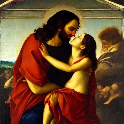 Image similar to an oil panting of a jesus kissing maria maddalena