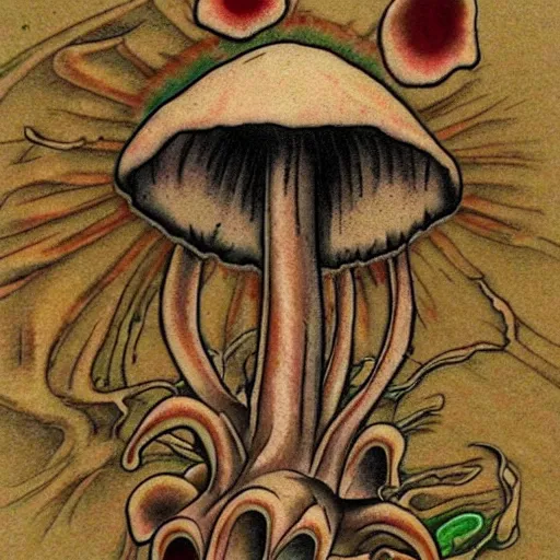 Image similar to mushroom in decay, tattoo art, japanese, color restoration, vortex, highly detailed,