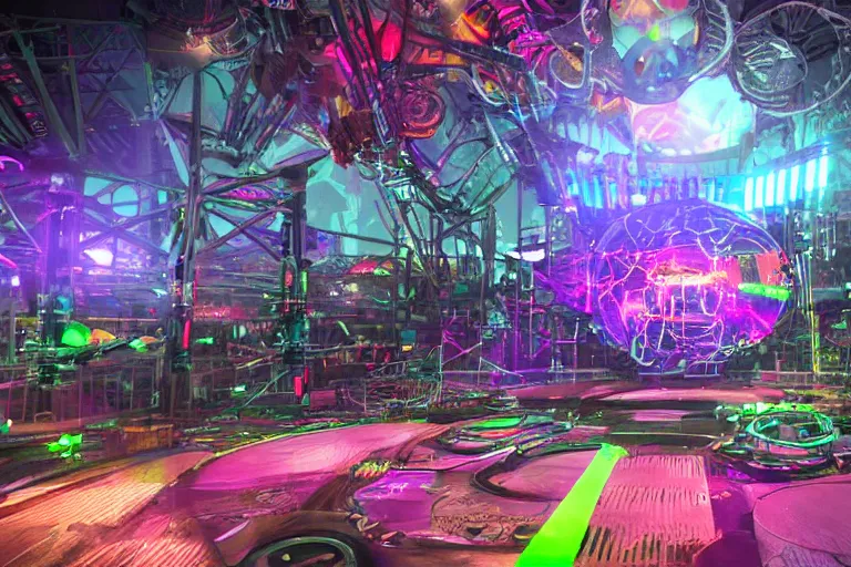 Image similar to an outdoor festival stage, text tripmachine, center of the stage is a big futuristic steampunk generator with gears and belts and tubes, surrounded by big cyberpunk speaker towers, rock musicians on the stage, laser show, 8 k, fluorescent colors, halluzinogenic, multicolored, exaggerated detailed, unreal engine