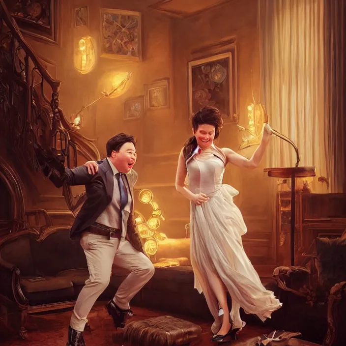 Image similar to portrait of michael mcintyre leaving on a sofa with a singing waitress, elegant, real life skin, intricate artwork, high detailed, artstation, concept art, smooth, sharpz focus, art by artgerm and greg rutkowski