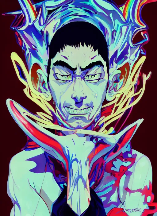 Image similar to portrait of a psychedelic demon, digital painting masterpiece, advanced lighting technology, stylized yet realistic anatomy and face, gorgeous, by reiq and bengus and akiman and shigenori soejima and bastien vives and balak and michael sanlaville and jamie hewlett, 4 k wallpaper, cinematic, gorgeous brush strokes, coherent and smooth