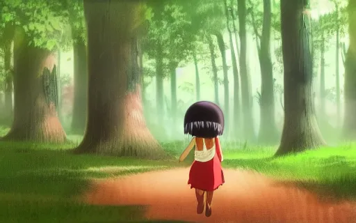 Image similar to a young girl with her pet capybara walking through the forest, raining, shot from the side, art by hayao miyazaki, studio ghibli film, 4k, hi res, high detail