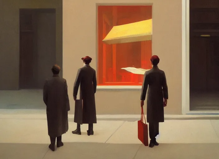 Image similar to people in paper bags at store display Edward Hopper and James Gilleard, Zdzislaw Beksinski, highly detailed