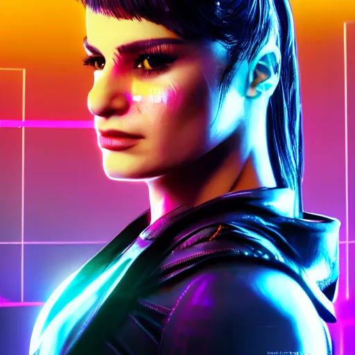 Image similar to lea michele portrait, cyberpunk 2 0 7 7, cyberpunk judy alvarez, photorealistic, ultra detailed, neon, octane, bokeh, cinematic lighting, cyber, cyberpunk city, studio quality, feature, scars, cyberface, 8 k