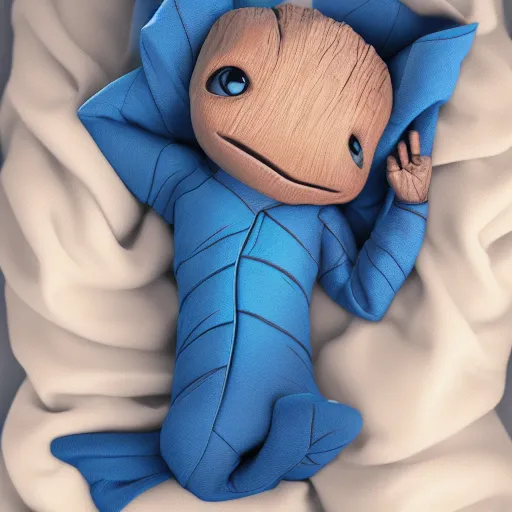 Prompt: Baby Groot is fast asleep and snuggled up in bed, cuddling a blue blanket, hyperdetailed, artstation, cgsociety, 8k