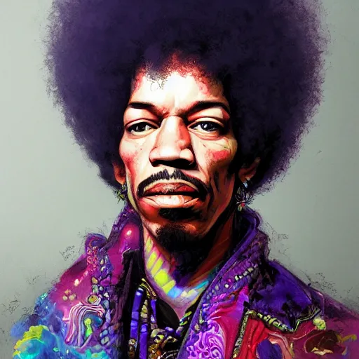 Prompt: a portrait of jimi hendrix as a wizard, urban motifs, intricate, elegant, highly detailed, digital painting, trending on artstation, concept art, smooth sharp focus, illustration, art by artgerm and greg rutkowski