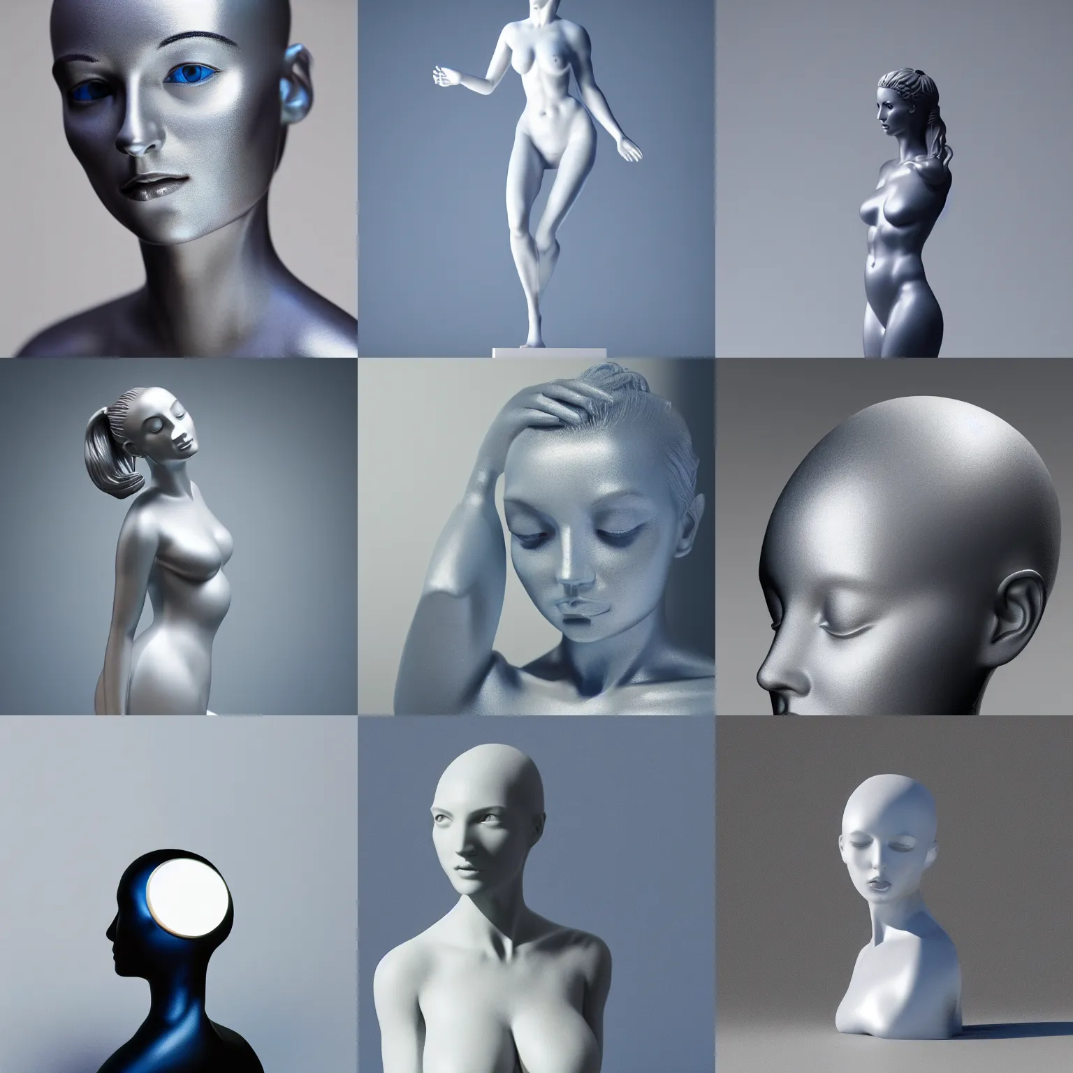 Prompt: ( statue the perfect woman ) designed by apple, studio photo, white backdrop, studio light, solid works, octane render, macro shot, in focus, dept of field, silver, blue, black design