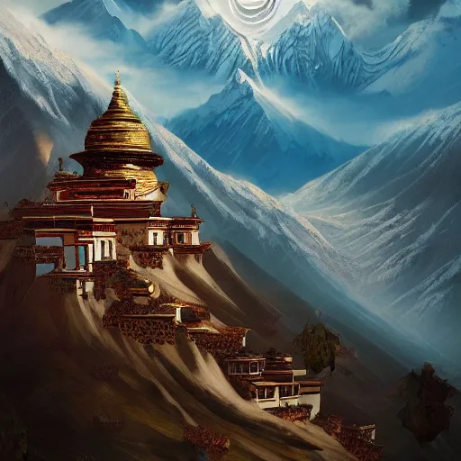 Prompt: omar shanti himalaya tibet, by mone and mane, acrilic paint, digital, artstation, detailed intricate ink illustration, heavenly atmosphere, digital art, overdetailed art, concept art, complementing colors, trending on artstation, cgstudio, the most beautiful image ever created, dramatic, subtle, details, award winning artwork, beautiful scenery