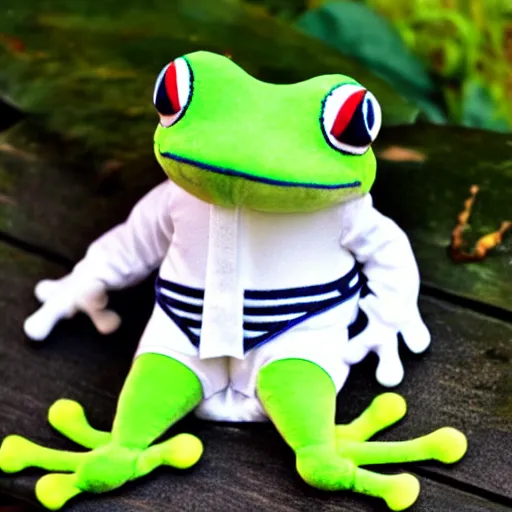 Image similar to frog wearing a sailor suit, plushie photography,