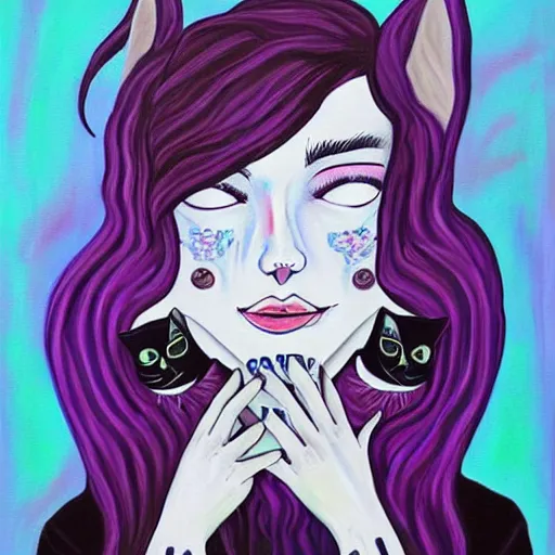 Image similar to a painting of a woman holding a cat, a character portrait by harumi hironaka, trending on deviantart digital illustration