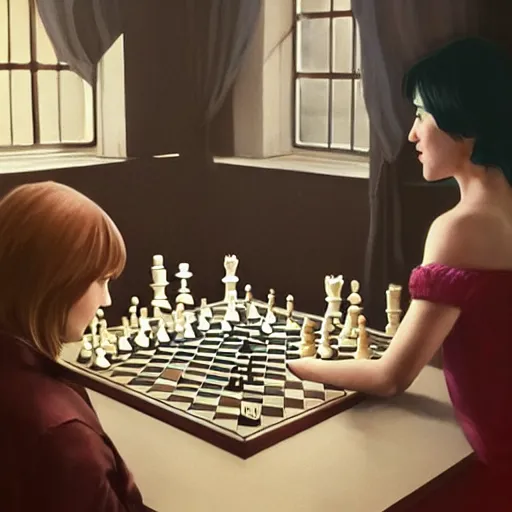 Prompt: 3 0 - year - old actress megan mccarthy playing chess against 3 0 - year - old actress nana visitor at world chess championship 1 9 8 4, digital art by ruan jia and mandy jurgens and artgerm, highly detailed, trending on artstation, award winning