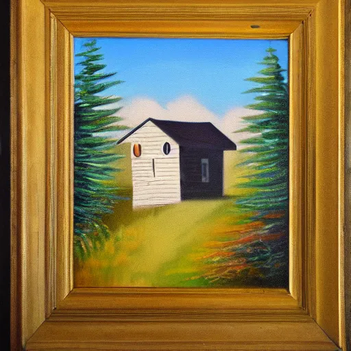 Prompt: oil painting of cabin with a door made out of potatoes