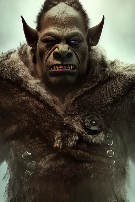 Prompt: Orc looking into the camera, leather fur jacket, eyes open, full body shot, detailed face, orc, portrait, artstation, realistic, highly detailed, symmetrical, D&D, Dungeons & Dragons, hyper realistic, dynamic pose, high detail, octane render, unreal engine, 8k, fantasy art, highly detailed, dramatic lighting, concept art