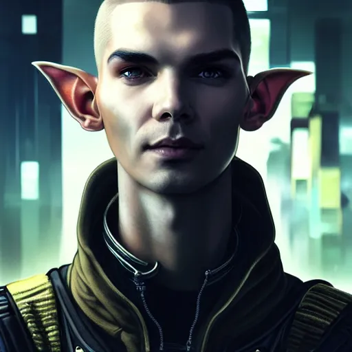 Image similar to portrait painting of a cyberpunk elf mercenary bill kaulitz, ultra realistic, concept art, intricate details, eerie, highly detailed, photorealistic, octane render, 8 k, unreal engine. art by artgerm and greg rutkowski and charlie bowater and magali villeneuve and alphonse mucha