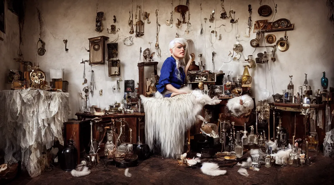 Image similar to full body protrait beautifull witch with white hair in old room. A cristal ball on a wood table with a potions and old instruments. A cat on the floor licking his paw. photorealistic, profesional photo, by Steve McCurry