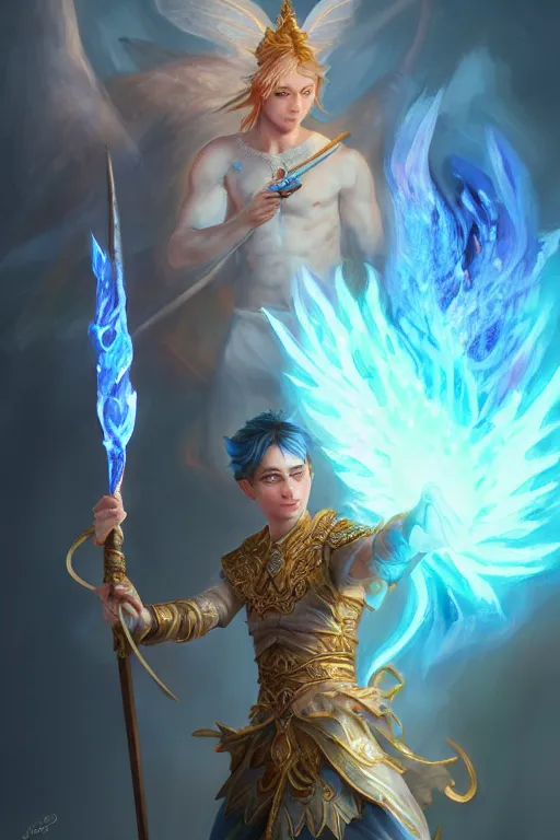 Image similar to legendary fairy prince hold flame staff, blue energy, highly detailed, d & d, fantasy, highly detailed, digital painting, trending on artstation, concept art, sharp focus, illustration, global illumination, ray tracing, realistic shaded, art by artgerm and greg rutkowski and fuji choko and viktoria gavrilenko and hoang lap