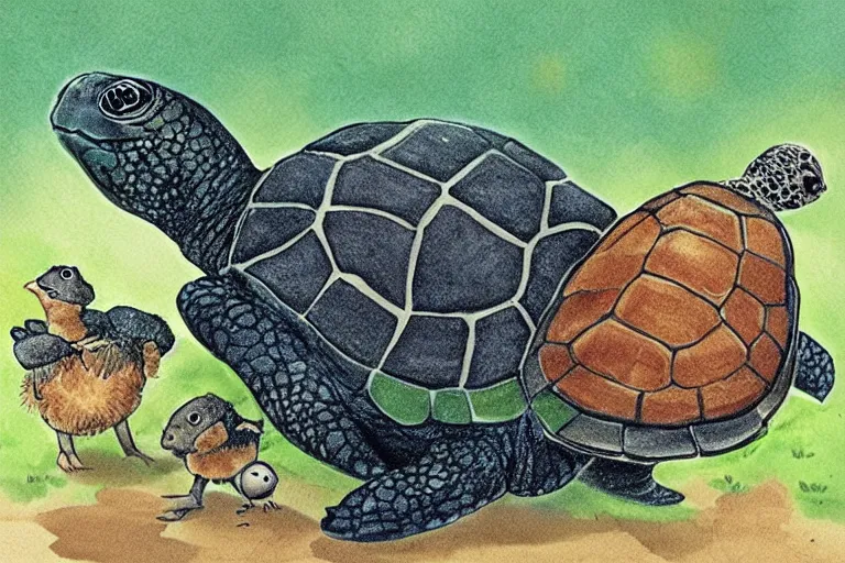 Image similar to turtle and chick, children's book illustration, beautiful