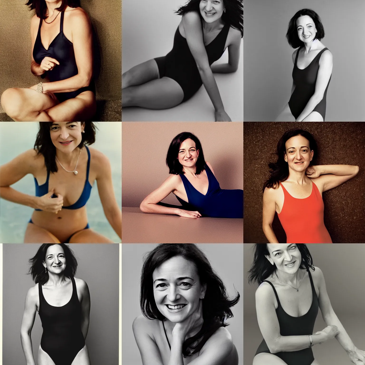 Prompt: Photo of Sheryl Sandberg in swimsuit, soft studio lighting, photo taken by Anne Liebovitz for Abercrombie and Fitch, award-winning photograph, Sigma art lens