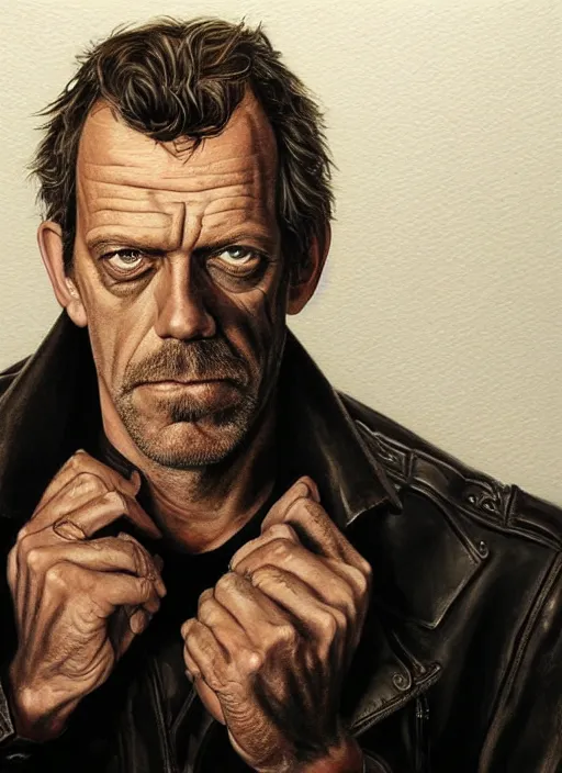 Prompt: portrait of hugh laurie, gritty, dark, wearing a leather jacket, very detailed eyes, hyperrealistic, very detailed painting by Glenn Fabry, by Joao Ruas, by Artgerm