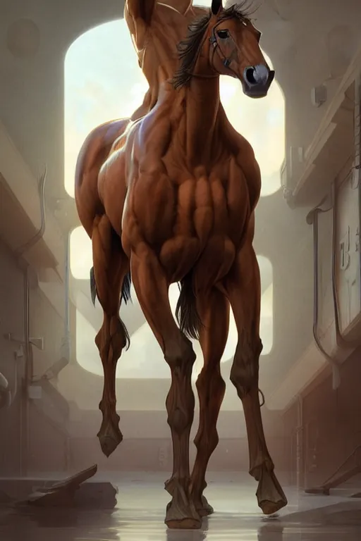 Image similar to an enormously muscular anthro horse male at a research facility donned in alternative clothes, furaffinity, highly detailed, digital painting, artstation, concept art, sharp smooth focus, illustration, art by artgerm and greg rutkowski and alphonse mucha