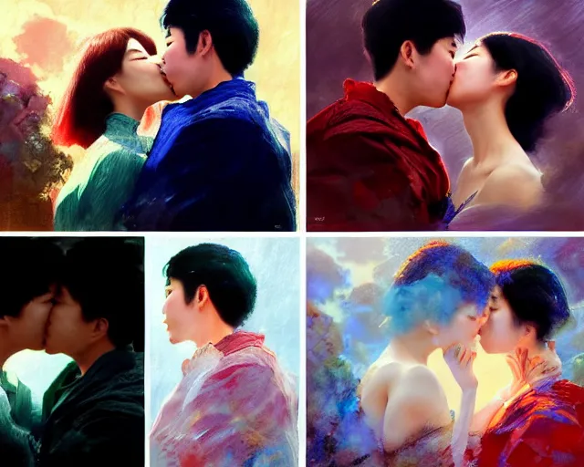 Image similar to photography of asian couples kissing each other, deep focus, d & d, presented as magazine collage style, volumetric light, colourful, sharp, detailed, digital painting by rolf armstrong, jeremy lipkin and michael garmash, rob rey and kentaro miura style